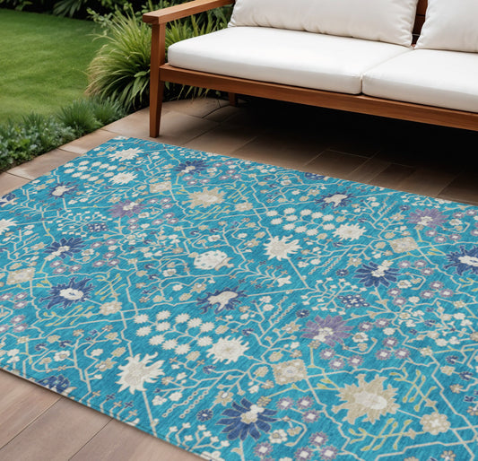 9' X 12' Teal Blue Purple And Ivory Oriental Washable Indoor Outdoor Area Rug-0