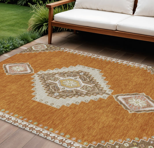 9' X 12' Copper Brown And Ivory Oriental Washable Indoor Outdoor Area Rug-0