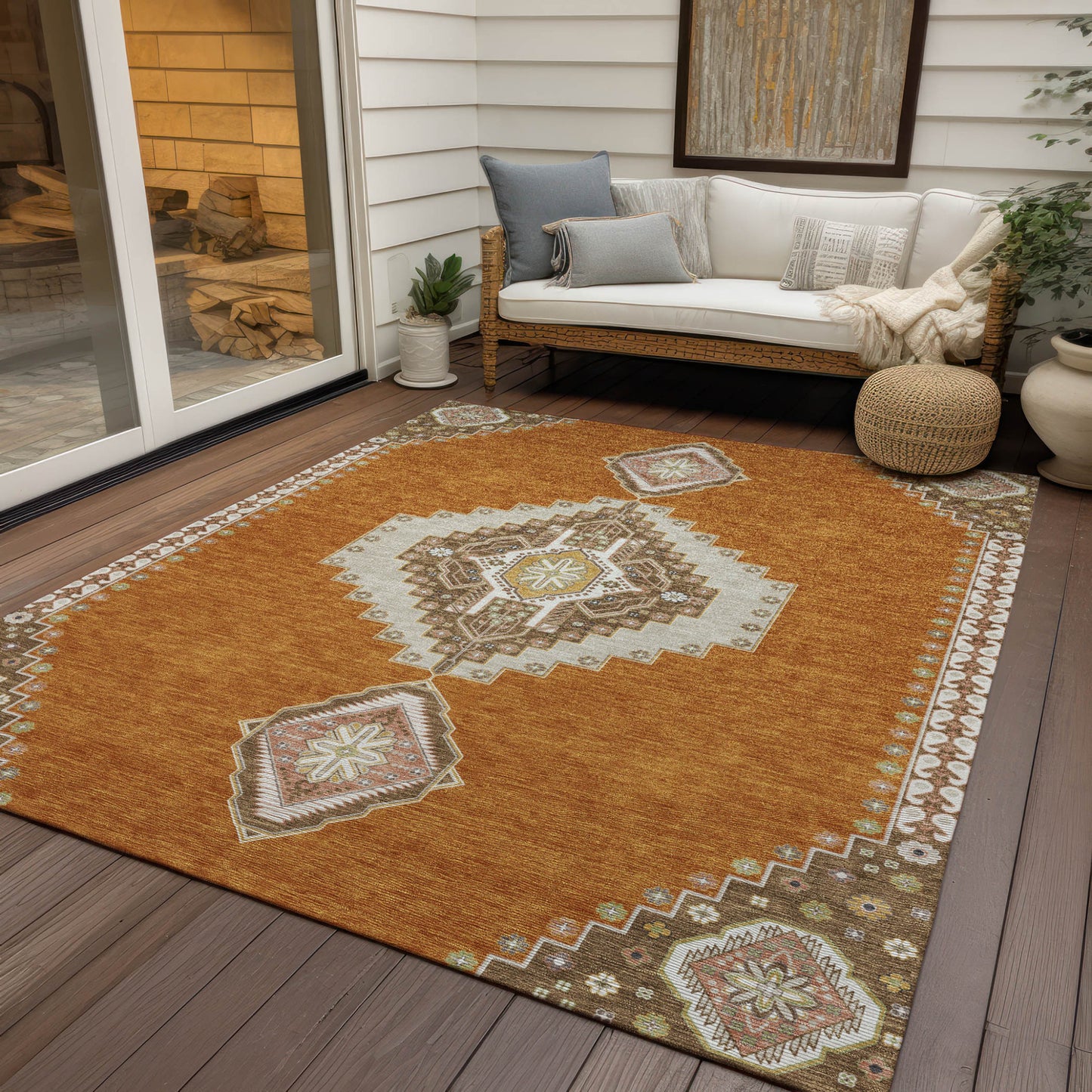 9' X 12' Copper Brown And Ivory Oriental Washable Indoor Outdoor Area Rug-7