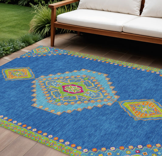 10' X 14' Denim Blue Red And Green Oriental Washable Indoor Outdoor Area Rug-0