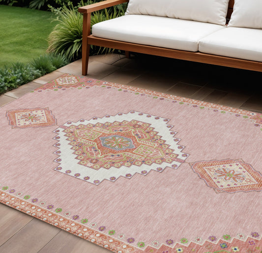 10' X 14' Pink Green And Ivory Oriental Washable Indoor Outdoor Area Rug-0