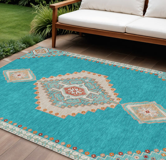 9' X 12' Teal Blue Brown And Ivory Oriental Washable Indoor Outdoor Area Rug-0