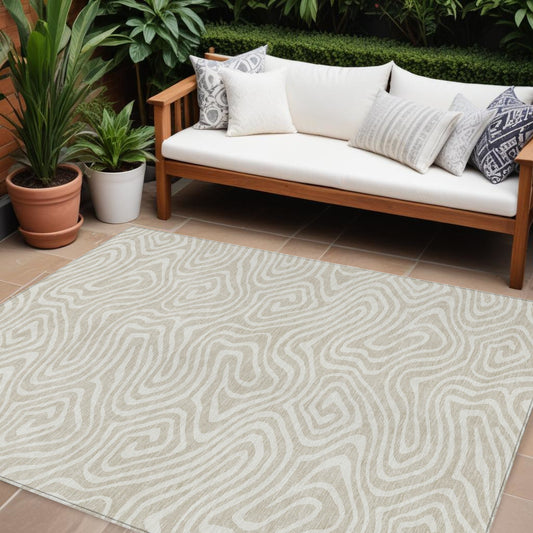 9' X 12' Beige And Linen Abstract Washable Indoor Outdoor Area Rug-0