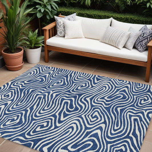 10' X 14' Navy Blue And Ivory Abstract Washable Indoor Outdoor Area Rug-0