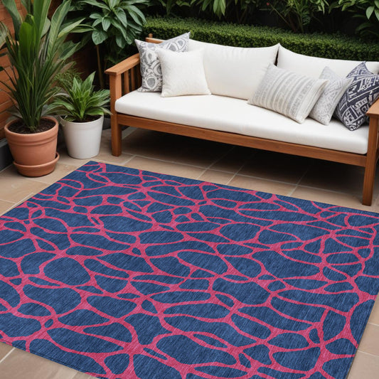 9' X 12' Navy Blue And Dark Pink Geometric Washable Indoor Outdoor Area Rug-0