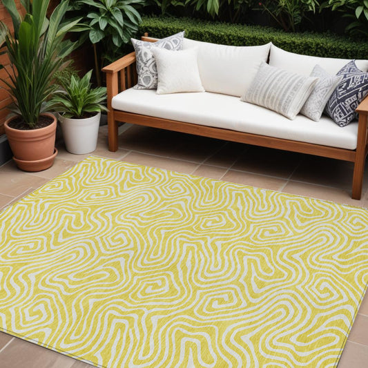 10' X 14' Yellow And Ivory Abstract Washable Indoor Outdoor Area Rug-0