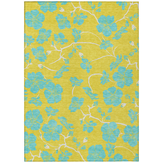 8' X 10' Yellow And Aqua Floral Washable Indoor Outdoor Area Rug-0
