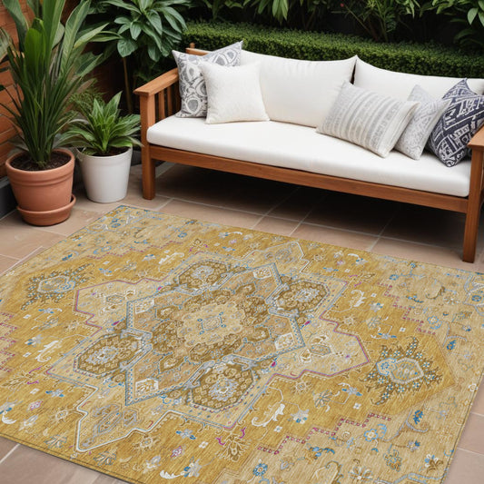 9' X 12' Gold Beige And Blue Oriental Washable Indoor Outdoor Area Rug-0