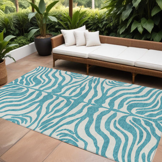 10' X 14' Teal Blue And Ivory Animal Print Washable Indoor Outdoor Area Rug-0