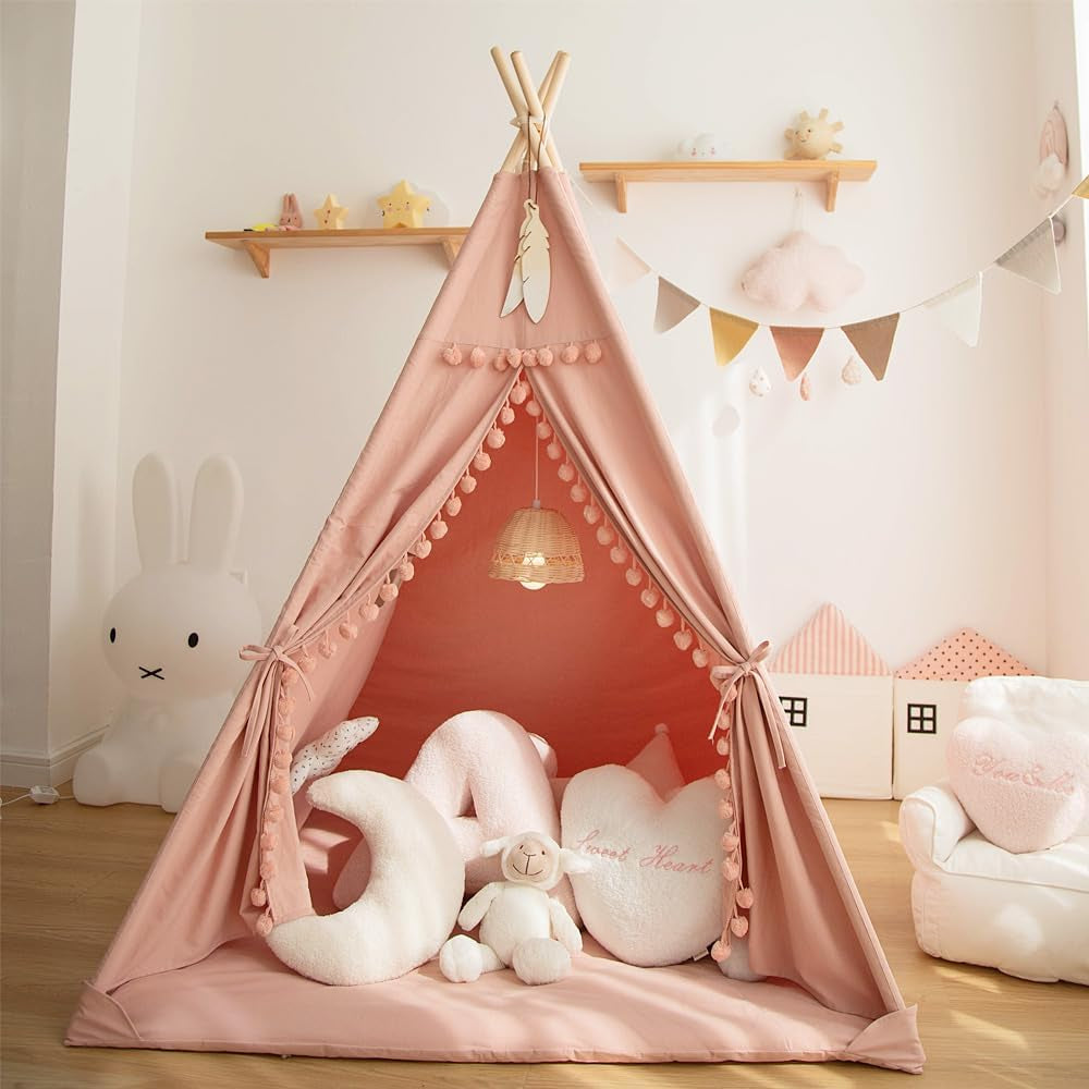 Kids Teepee Tent with Mat Foldable Indoor Outdoor-1