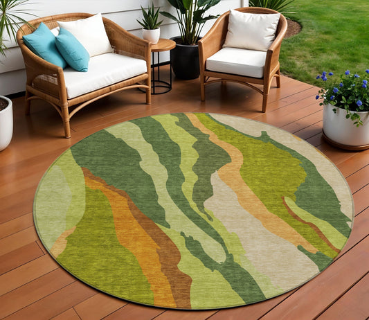 8' Green Beige And Copper Round Abstract Washable Indoor Outdoor Area Rug-0