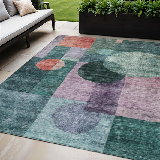 5' X 8' Green Copper And Purple Geometric Washable Indoor Outdoor Area Rug-0