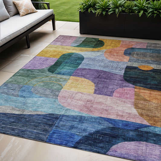 5' X 8' Blue Purple And Green Abstract Washable Indoor Outdoor Area Rug-0