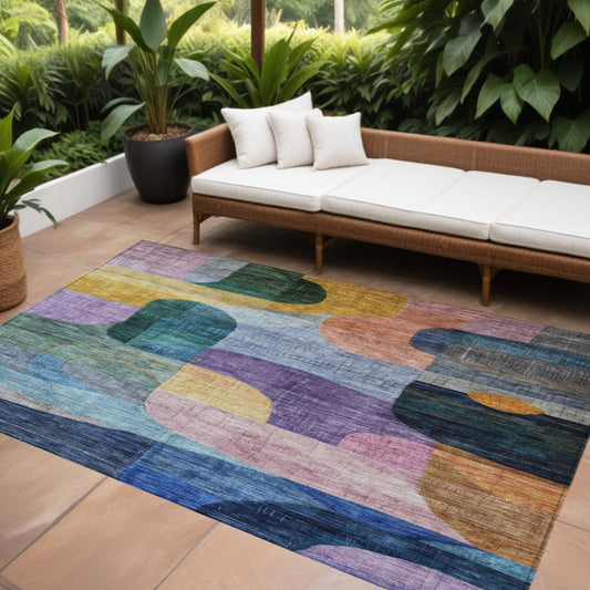 9' X 12' Blue Purple And Green Abstract Washable Indoor Outdoor Area Rug-0