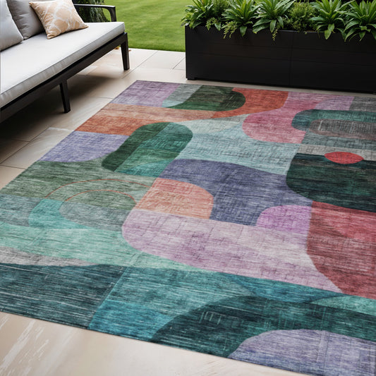 5' X 8' Green Purple And Blue Abstract Washable Indoor Outdoor Area Rug-0