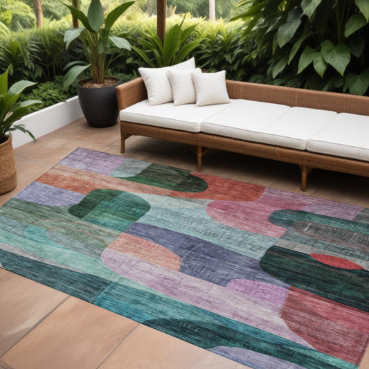 10' X 14' Green Purple And Blue Abstract Washable Indoor Outdoor Area Rug-0