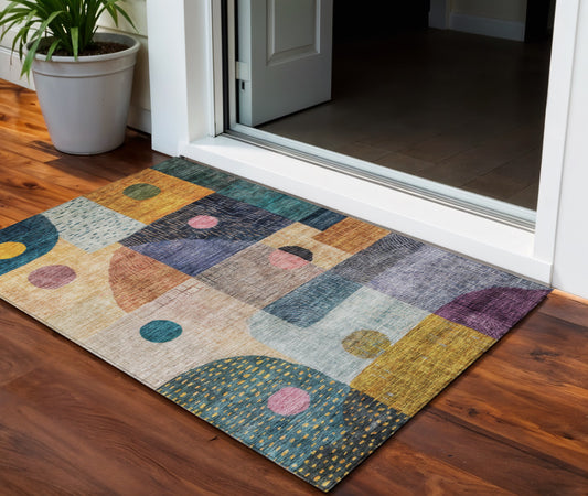 3' X 5' Green Purple And Blue Geometric Washable Indoor Outdoor Area Rug-0