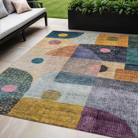 5' X 8' Green Purple And Blue Geometric Washable Indoor Outdoor Area Rug-0