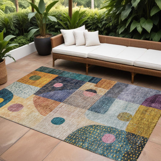 9' X 12' Green Purple And Blue Geometric Washable Indoor Outdoor Area Rug-0