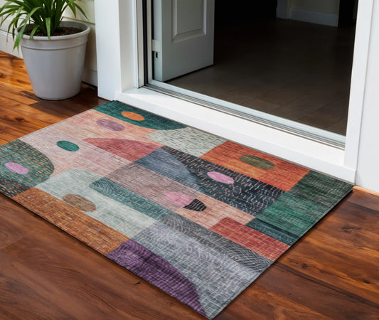 3' X 5' Orange Purple And Green Geometric Washable Indoor Outdoor Area Rug-0