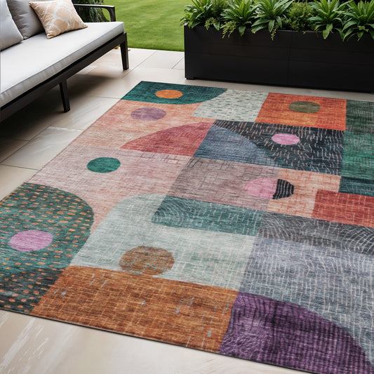 5' X 8' Orange Purple And Green Geometric Washable Indoor Outdoor Area Rug-0