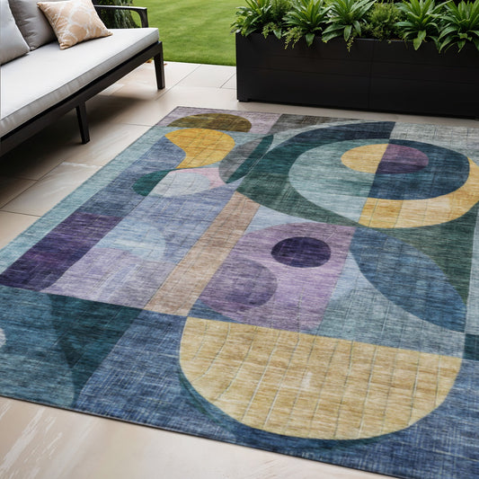 5' X 8' Blue Purple And Copper Abstract Washable Indoor Outdoor Area Rug-0