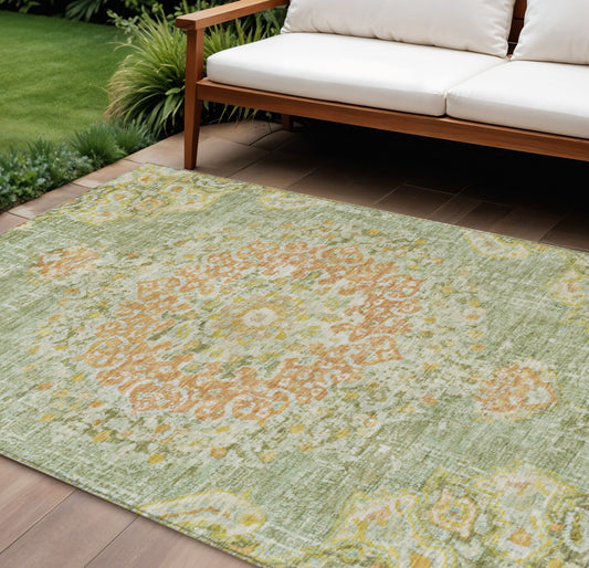 10' X 14' Artichoke Green Floral Medallion Washable Indoor Outdoor Area Rug-0