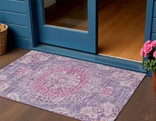 3' X 5' Purple Floral Medallion Washable Indoor Outdoor Area Rug-0