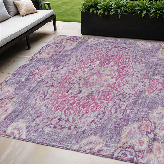 5' X 8' Purple Floral Medallion Washable Indoor Outdoor Area Rug-0