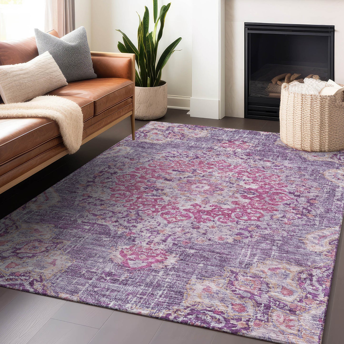 9' X 12' Purple Floral Medallion Washable Indoor Outdoor Area Rug-8