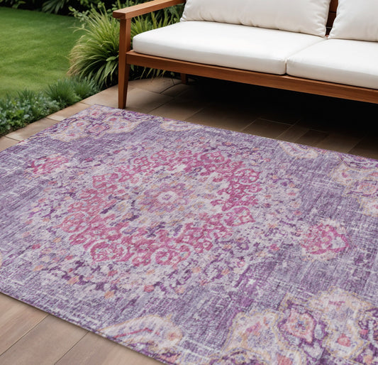 10' X 14' Purple Floral Medallion Washable Indoor Outdoor Area Rug-0