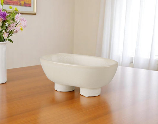 8" Cream Ceramic Oval Pedestal Centerpiece Bowl-0