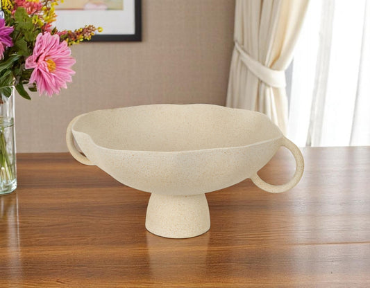 16" Beige Cast Aluminum Round Pedestal Centerpiece Bowl With Handles-0