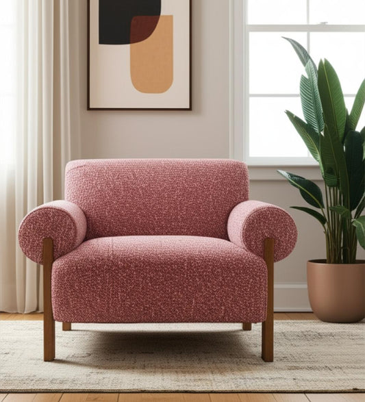 39" Copper And Brown Woven Upholstery And Solid Wood Arm Chair-0