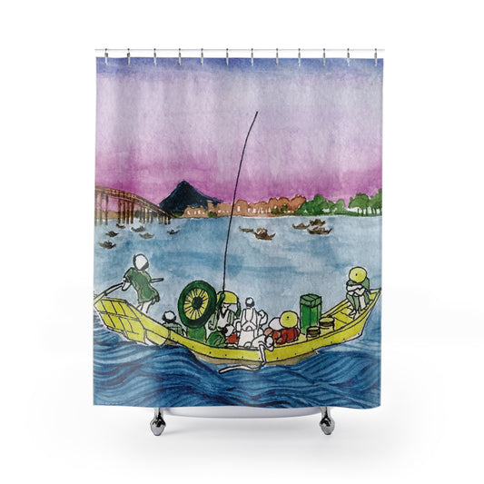 Hokusai Inspired Shower Curtains, Vibrant Japanese Fishing Scene, Colorful Bathroom Decor, Watercolor Curtain. Design by Japochine.