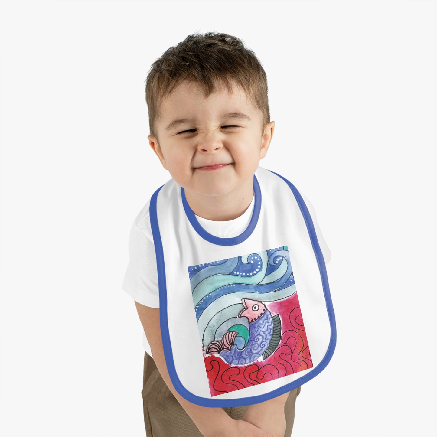 Whimsical Baby Bib with Contrast Trim, Colorful Fish Design, Ideal for Baby Showers, Toddler Mealtime, Cute Gift Idea by Japochine