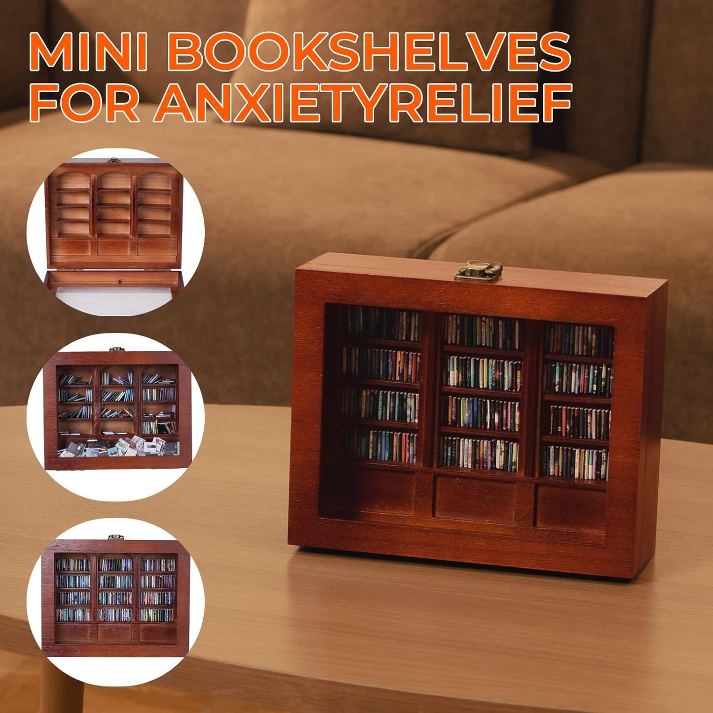Anxiety Bookshelf Tiny Miniature Library Display Cabinet with Mini Books | Stress Relief and Creativity Decor - Mini Book Matchbox Shelf for Anxiety Relief-4