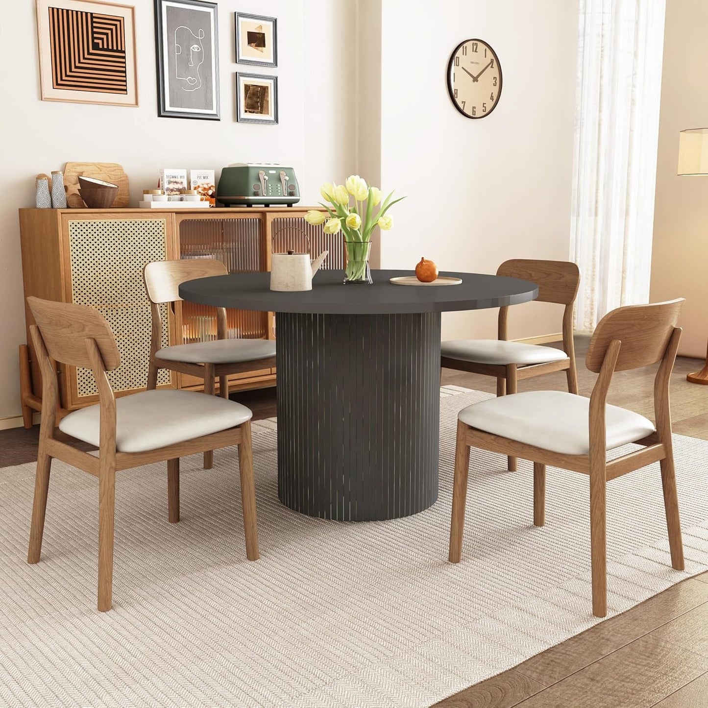 Round Dining Table for 4, Modern Farmhouse Kitchen Table, 47 Inch Small Circle Dining Tables with Wood Strip Base for Kitchen Living Room (Black)-3