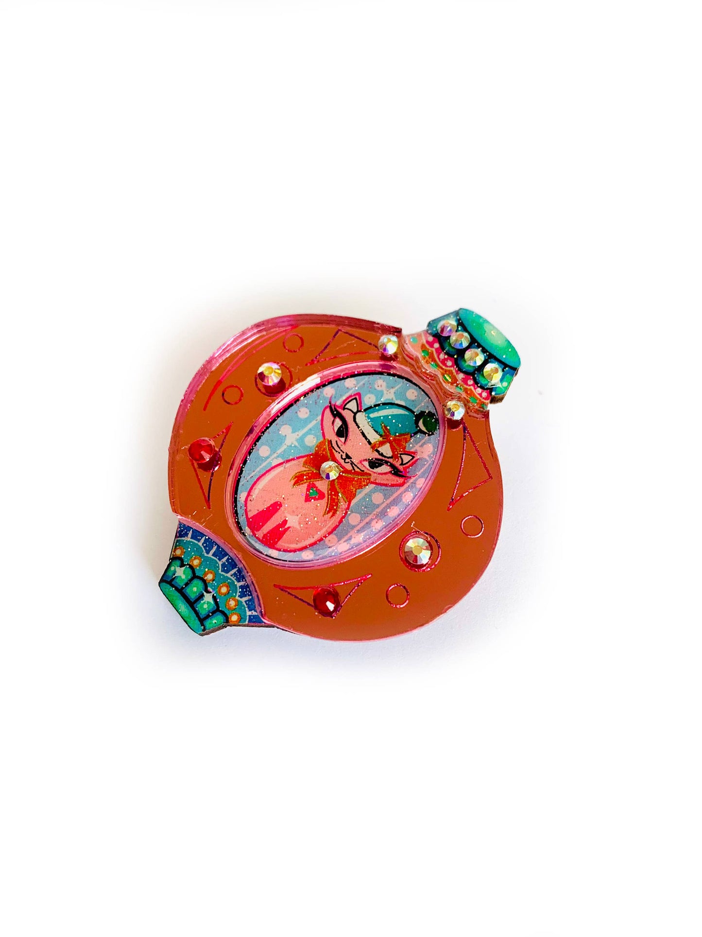 Retro Cat Christmas Bauble Brooch by Rosie Rose Parker-4