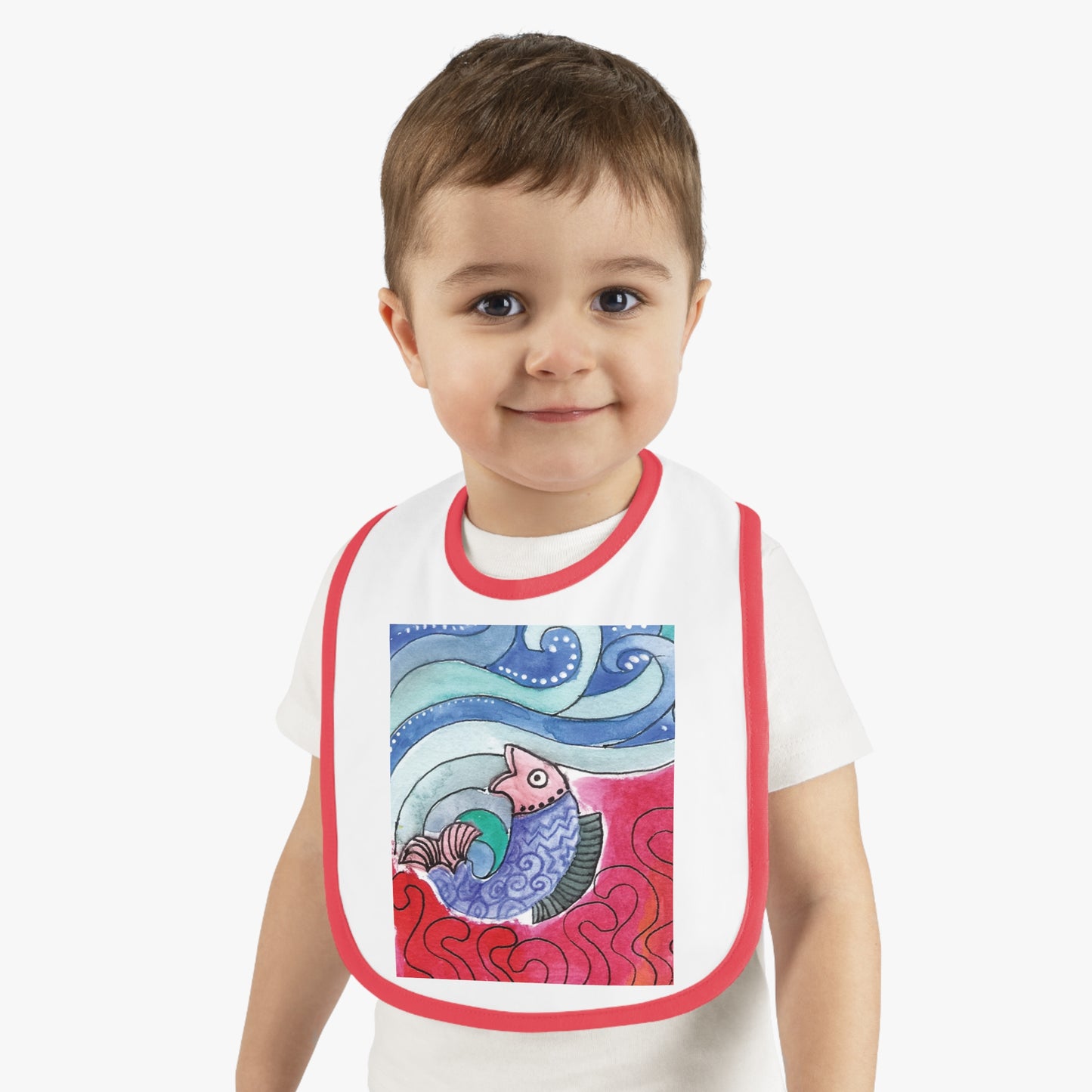 Whimsical Baby Bib with Contrast Trim, Colorful Fish Design, Ideal for Baby Showers, Toddler Mealtime, Cute Gift Idea by Japochine