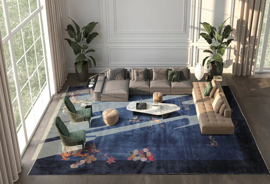 10x14 Royal Blue, Navy Hand Knotted Oriental 100% Wool Art Deco Peking Oriental Area Rug-0