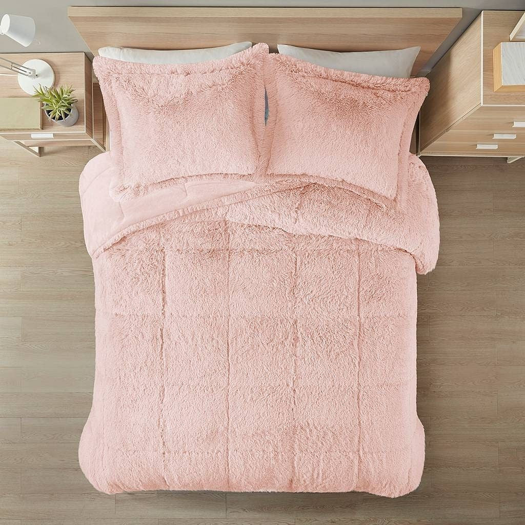 Full/Queen Pink Blush Soft Sherpa Faux Fur 3-Piece Comforter Set-2