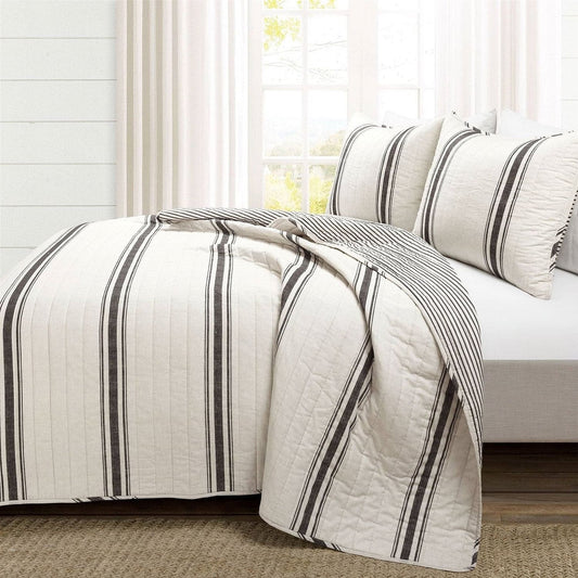 Twin/Twin XL Black Off-White Cream Stripe Reversible Cotton 2 Piece Quilt Set-0