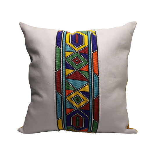 Beaded Leather Pillow Cover | White Square-0