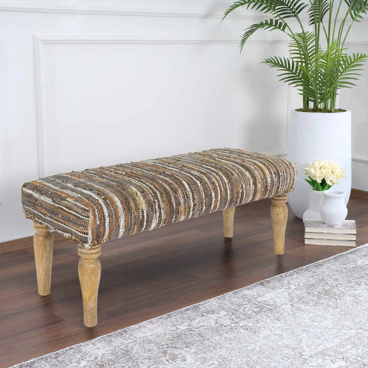 Bustos Leather Striped Wooden Base Bench-0