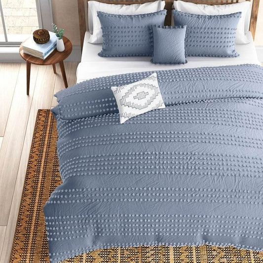 Full/Queen size 5-Piece 100-Percent Cotton Clip Dot Comforter Set in Denim Blue-0