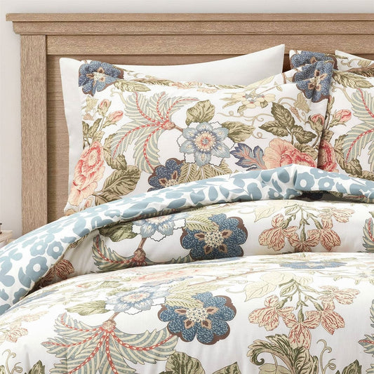 Full/Queen Floral Country Cottage Blue Green Coral Beige 3 Piece Comforter Set-0