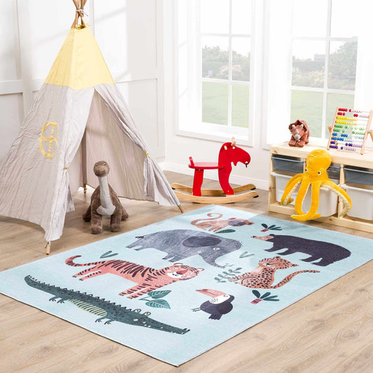 Petey Blue Animal Print Washable Kids Rug-0