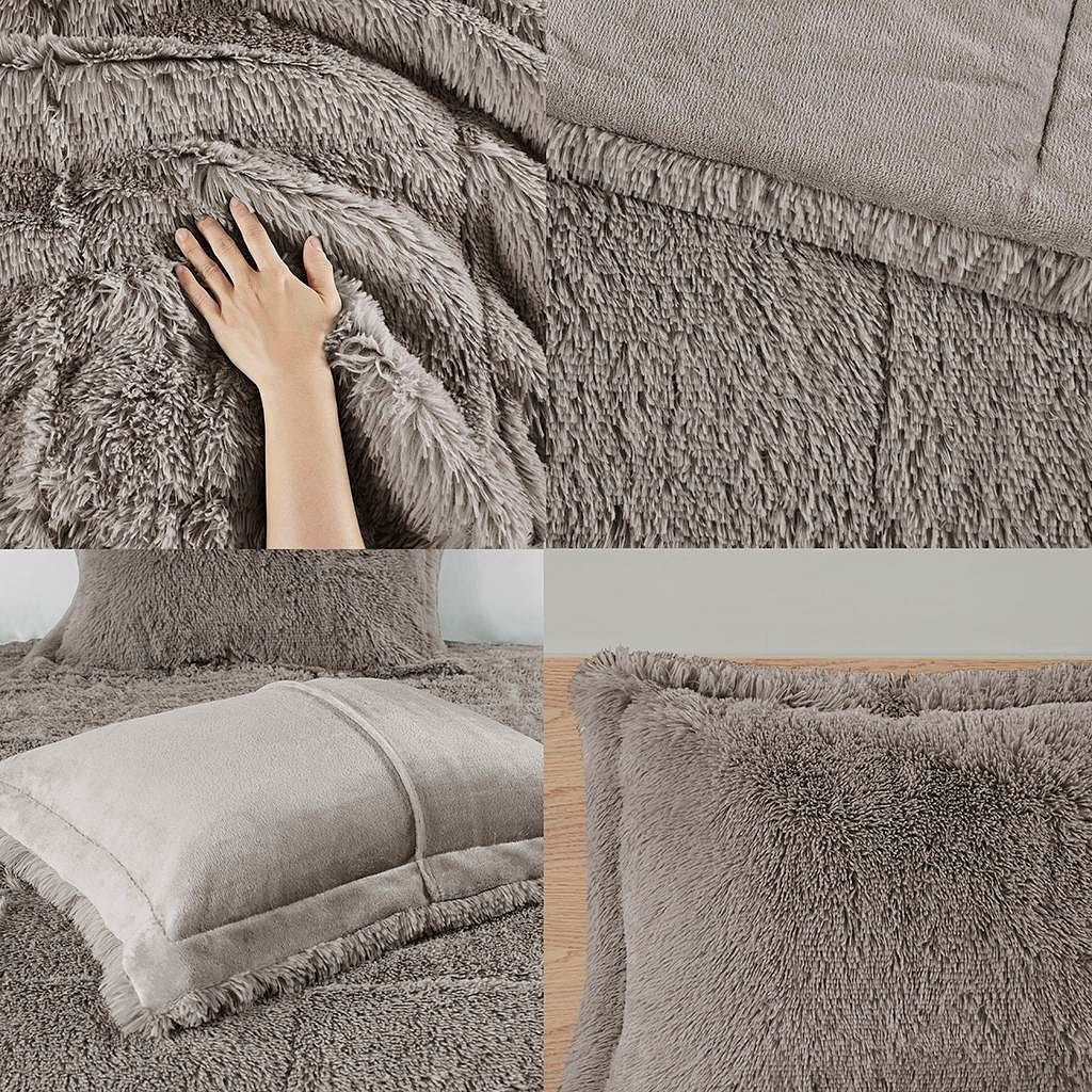 Twin/Twin XL Grey Soft Sherpa Faux Fur 2-Piece Comforter Set with Pillow Shams-0