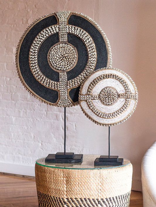 Beaded Cameroon Shield with Cowrie Shells Black on stand | Hand carved in Cameroon-0